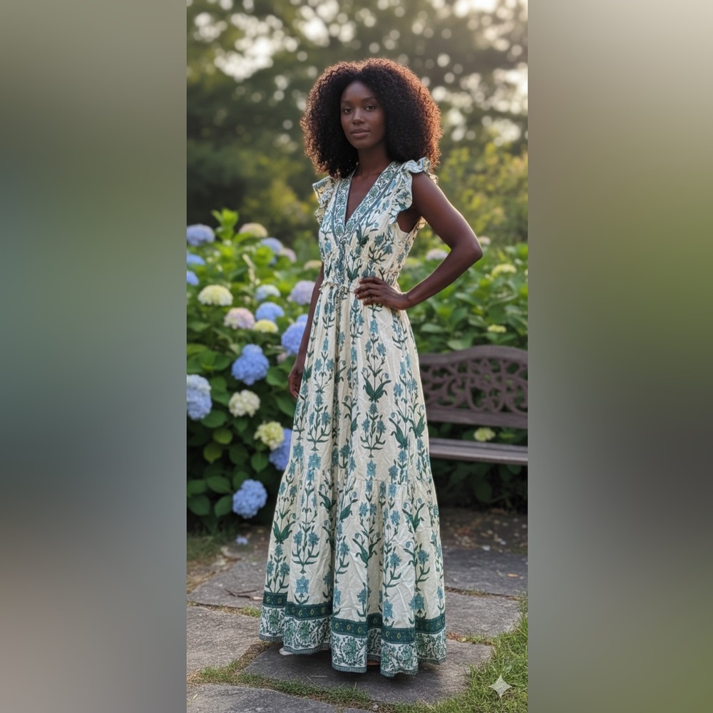 Floral Green and Cream Maxi Dress